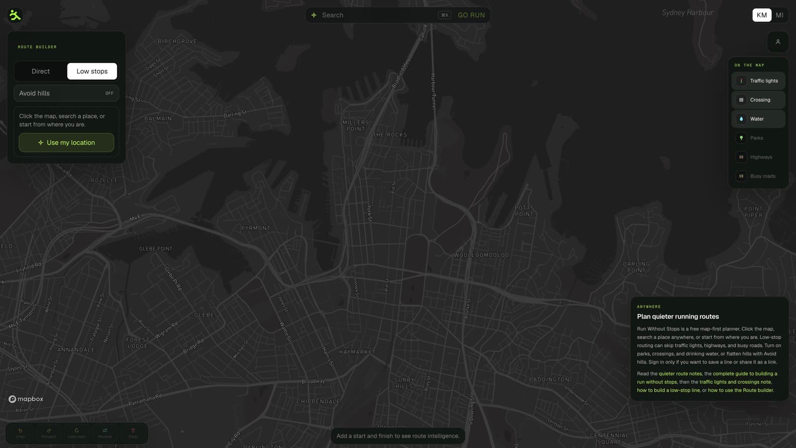 Run Without Stops map with Low stops selected and traffic light, crossing, and water layers on